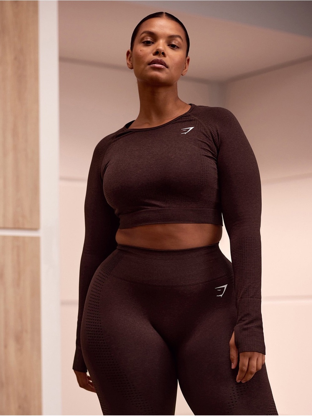 Gymshark Women's Long Sleeve Crop Top in Cherry Brown Marl